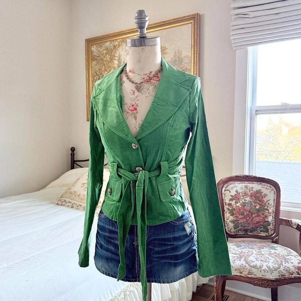 green belted jacket  y2k‎ green belted button front jacket size large